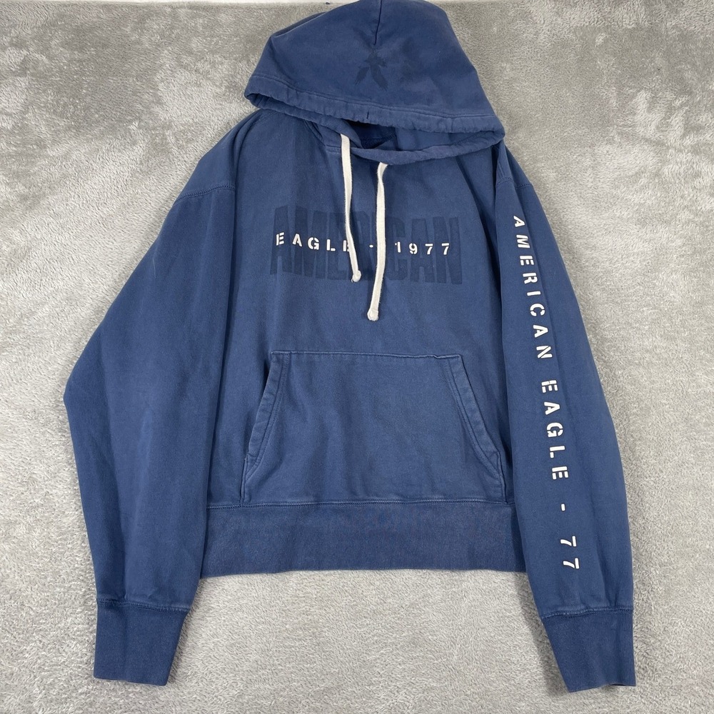 American Eagle Hoodie Mens Medium Blue Graphic Spellout Sleeve Super Soft Fleece